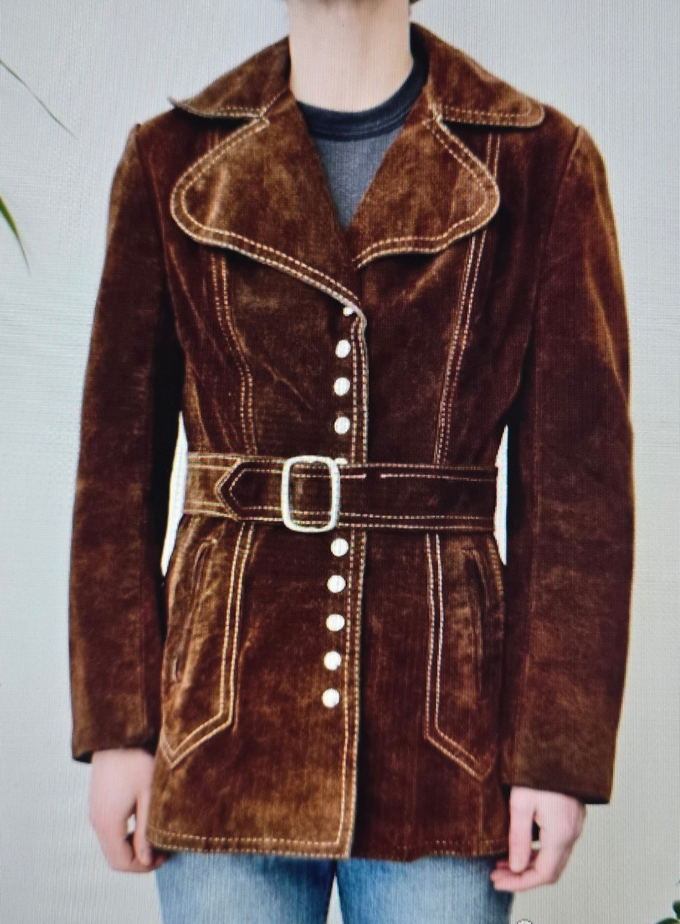 VTG World Knits Brown suede coat BOHO 70s Hippy Stitched Pocket Women's Size M